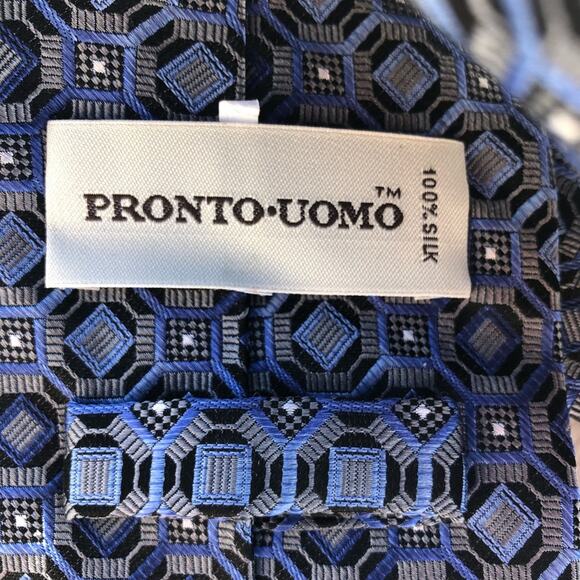 Blue & grey geometric design handmade silk tie by Pronto Uomo - Picture 4 of 5